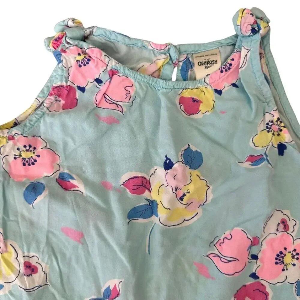OshKosh Sleeveless Ruffle Blouse Turquoise with Pink Flowers 4T